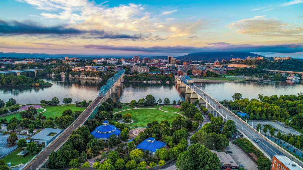 Aerial view of downtown Chattanooga, Tennessee skyline and Tennessee River.