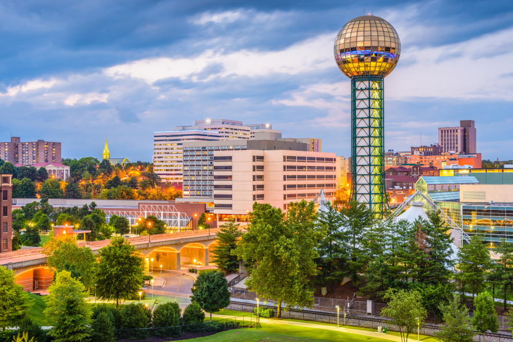 Knoxville, Tennessee's downtown skyline at twilight.