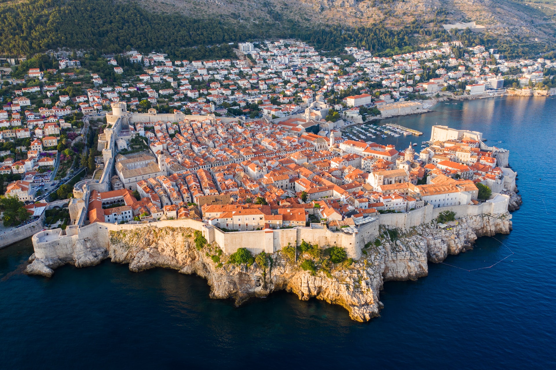 Golden hour drone shot of Dubrovnik, Croatia.