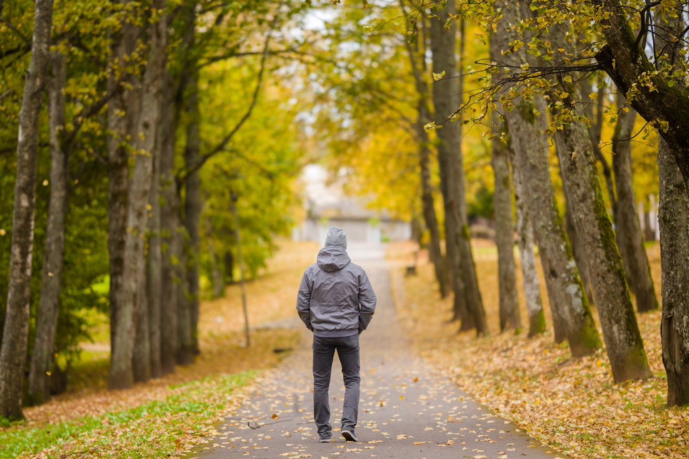 A man walking through autumn trees.