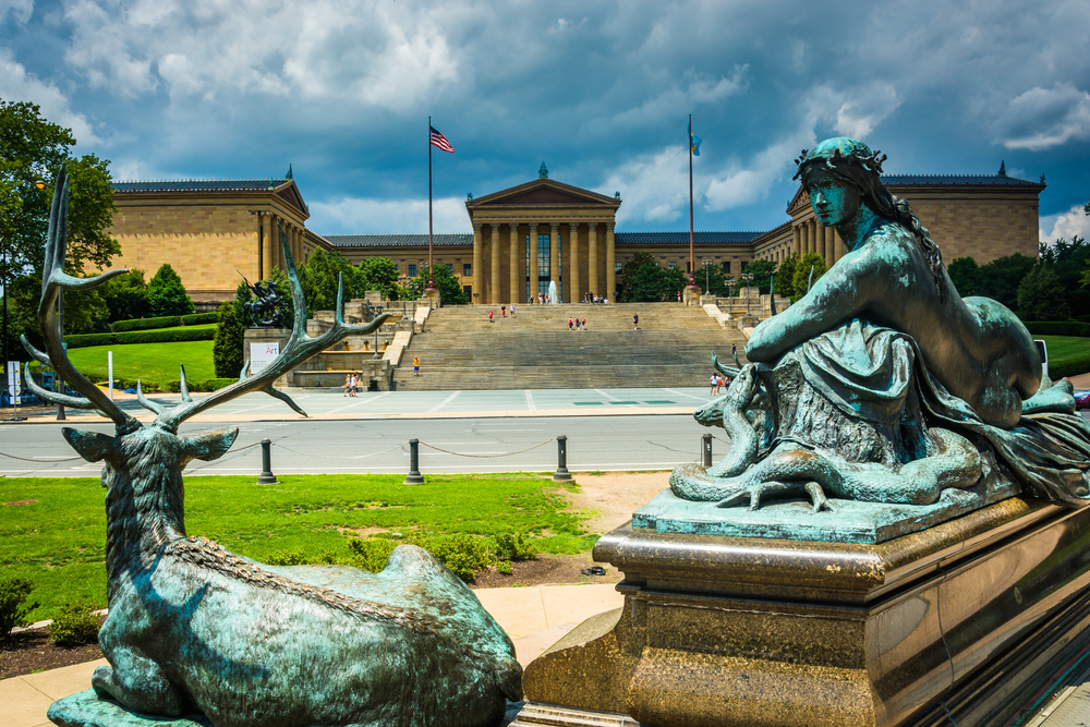 Statues at Eakins Oval and the Museum of Art in Philadelphia.