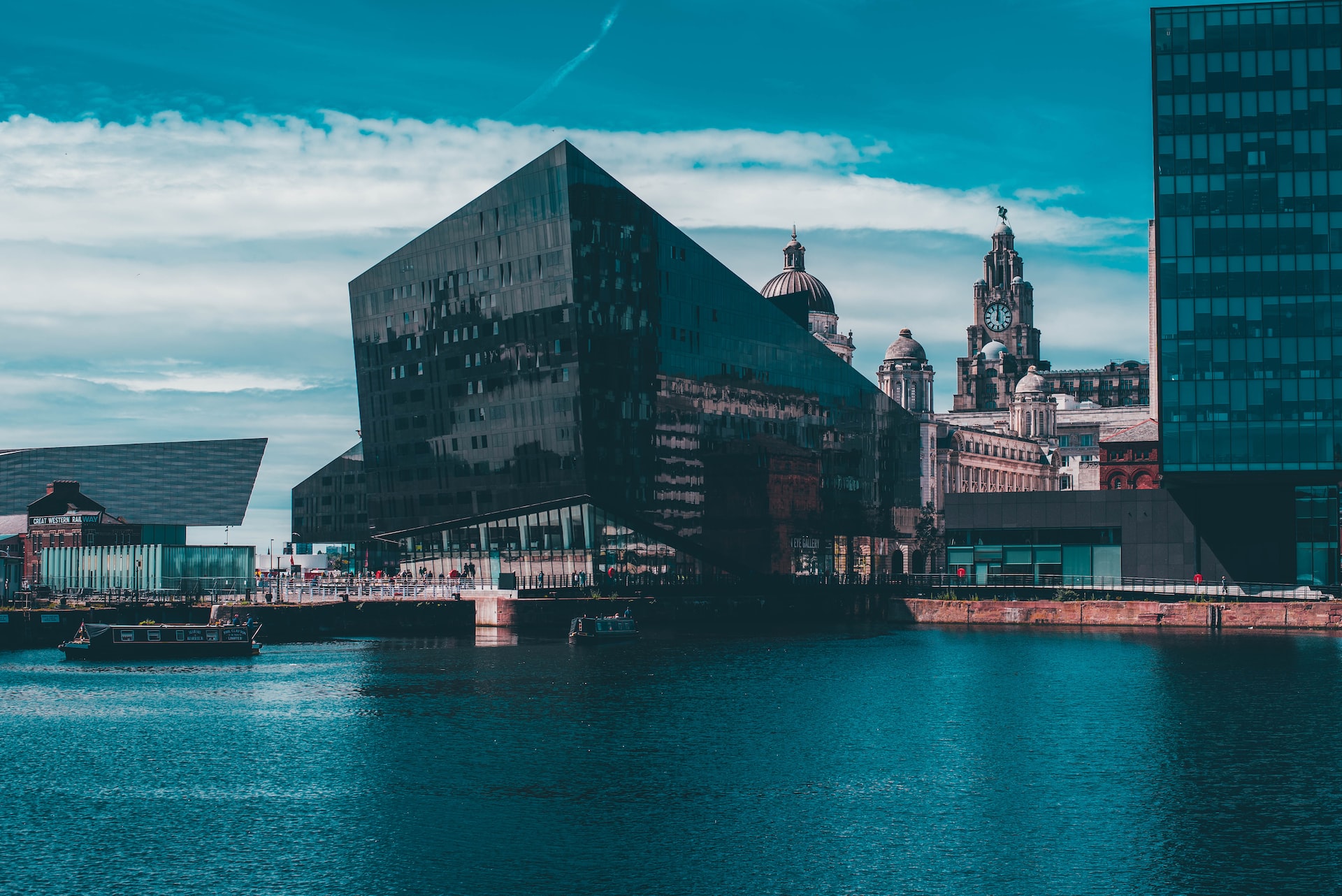The modern-looking Albert Dock along the waterside in Liverpool.