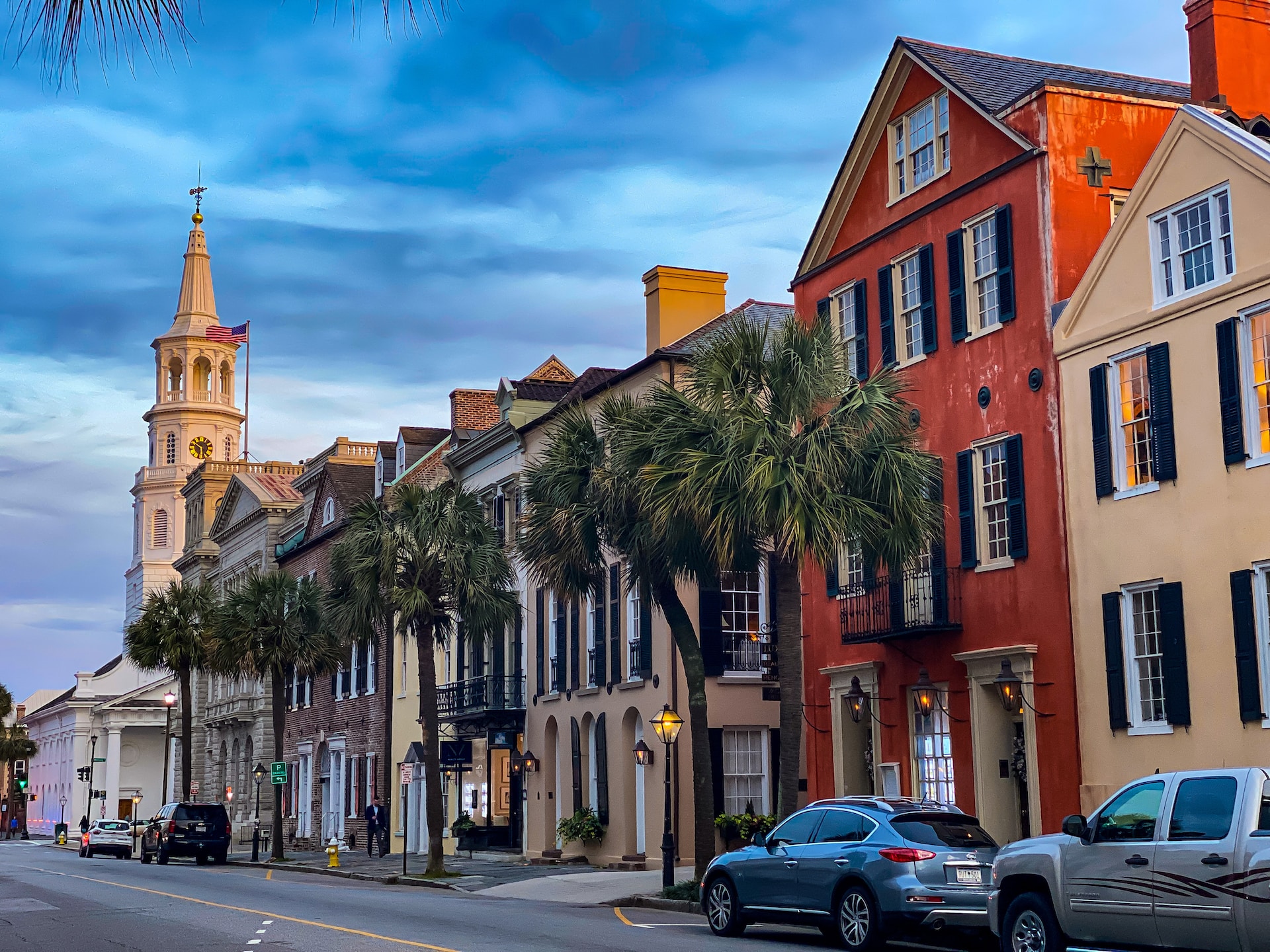 Colorful buildings along a strip in Charleston.