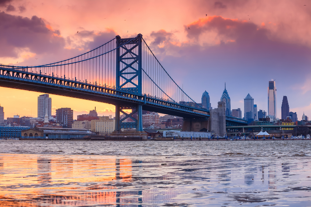 Panorama of Philadelphia skyline, Ben Franklin Bridge and Penn's Landing at sunset.
