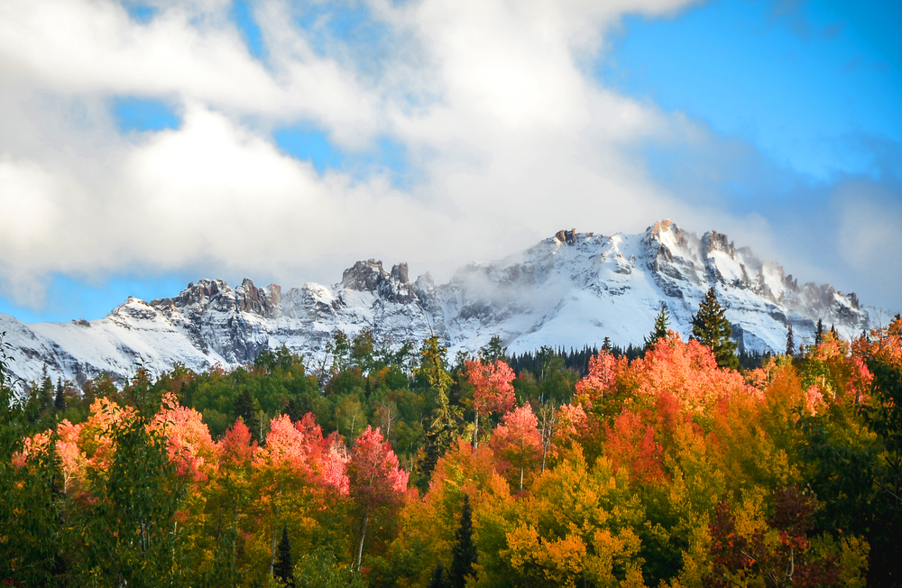 Aspen Mountain covered in snow with changing autumn leaves on trees in the foreground.