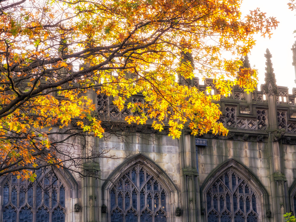 The leaves just starting to change next to a Gothic building in Manchester.