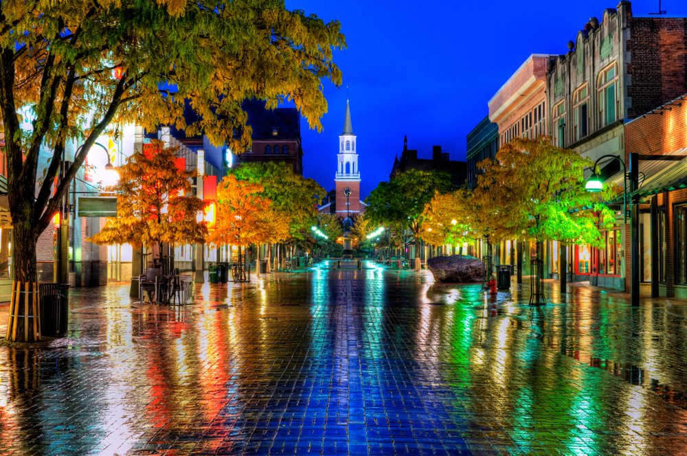 Burlington, Vermont illuminated at night.