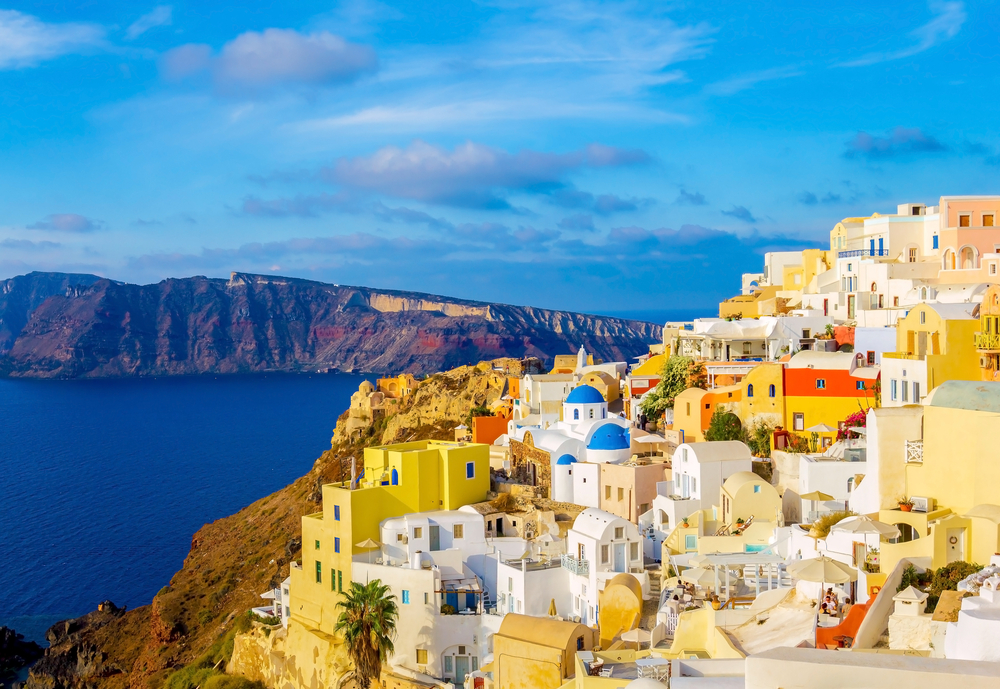 The white-marbel buildings along the cliffside in Santorini.