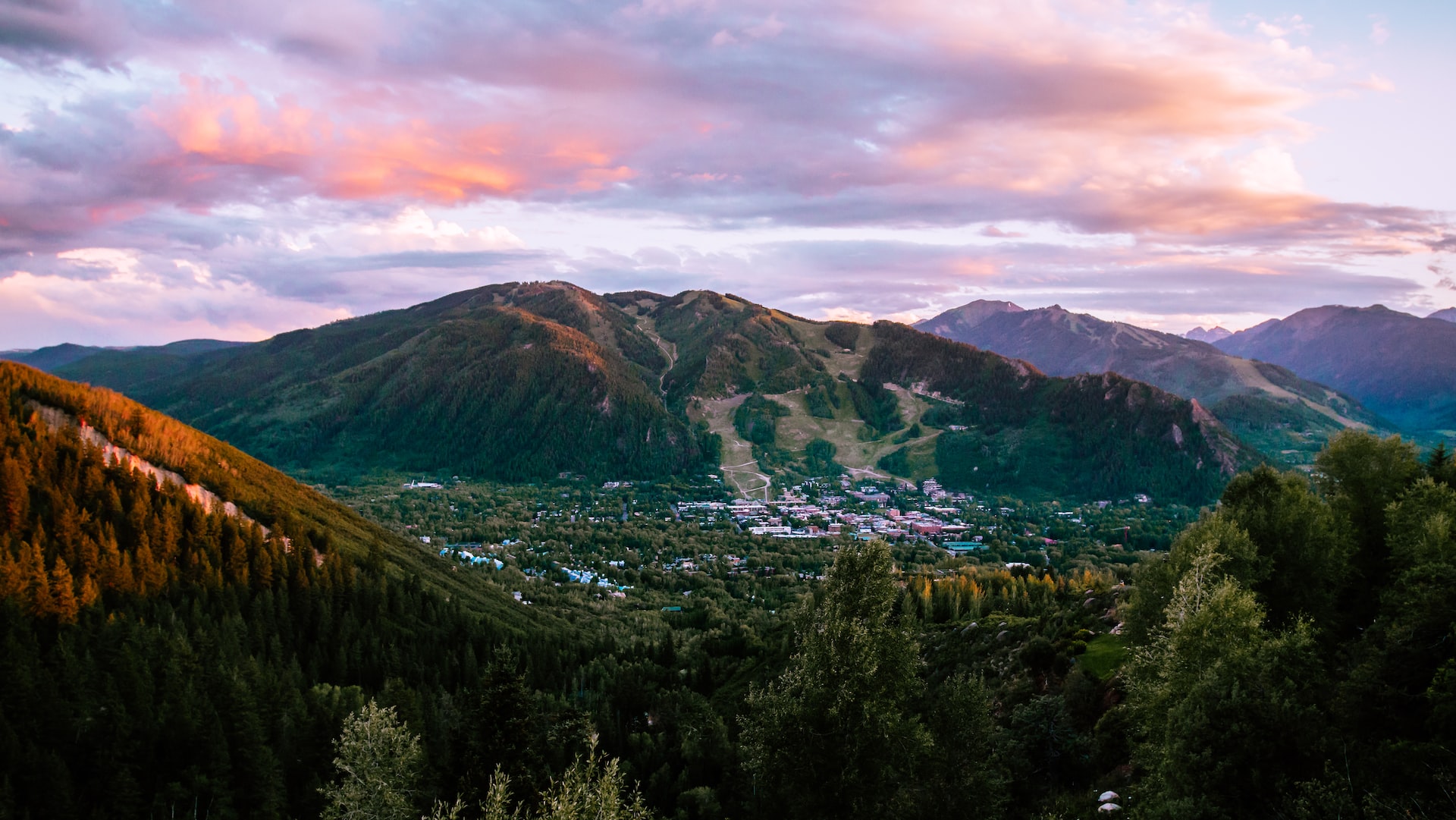 Aspen at dusk during summertime as seen from on high.