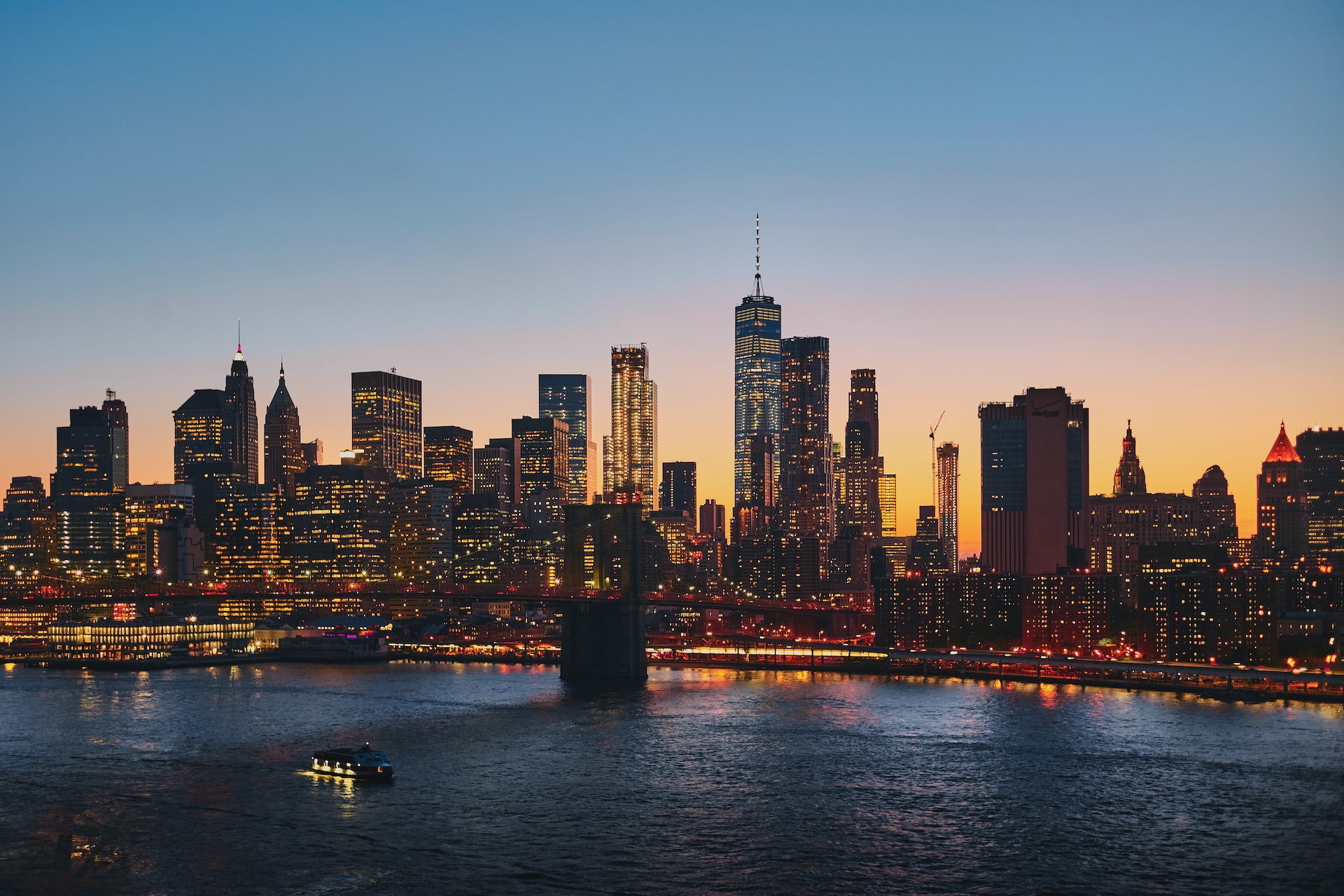 New York City skyline during sunset.