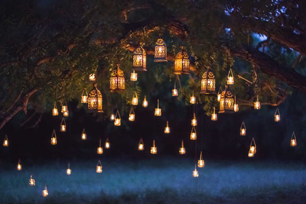Vintage lanterns and candles on a tree.