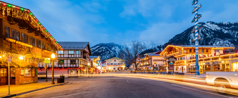 Leavenworth's Main Street lit up with festive holiday lights.