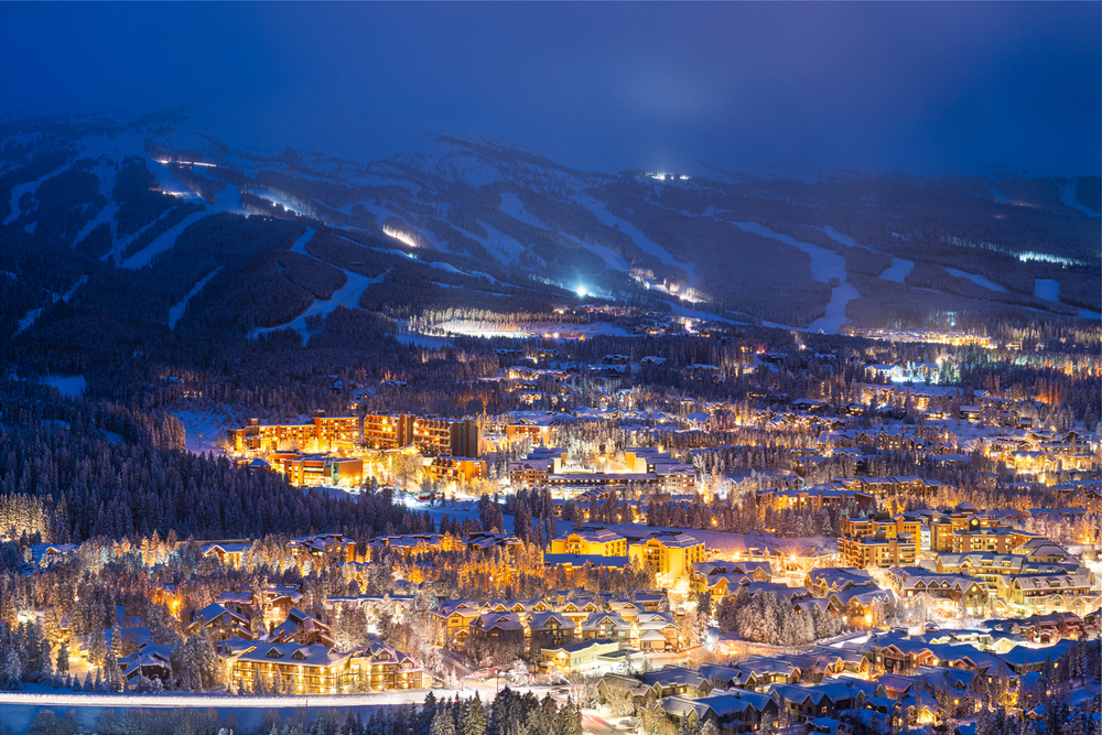 Breckenridge, Colorado, USA town skyline in winter at dusk.