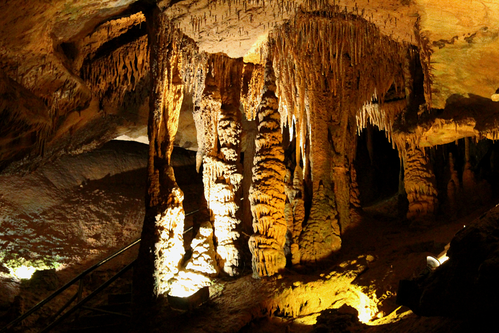 Stalactites and stalagmites inside of the caverns in Tennessee.