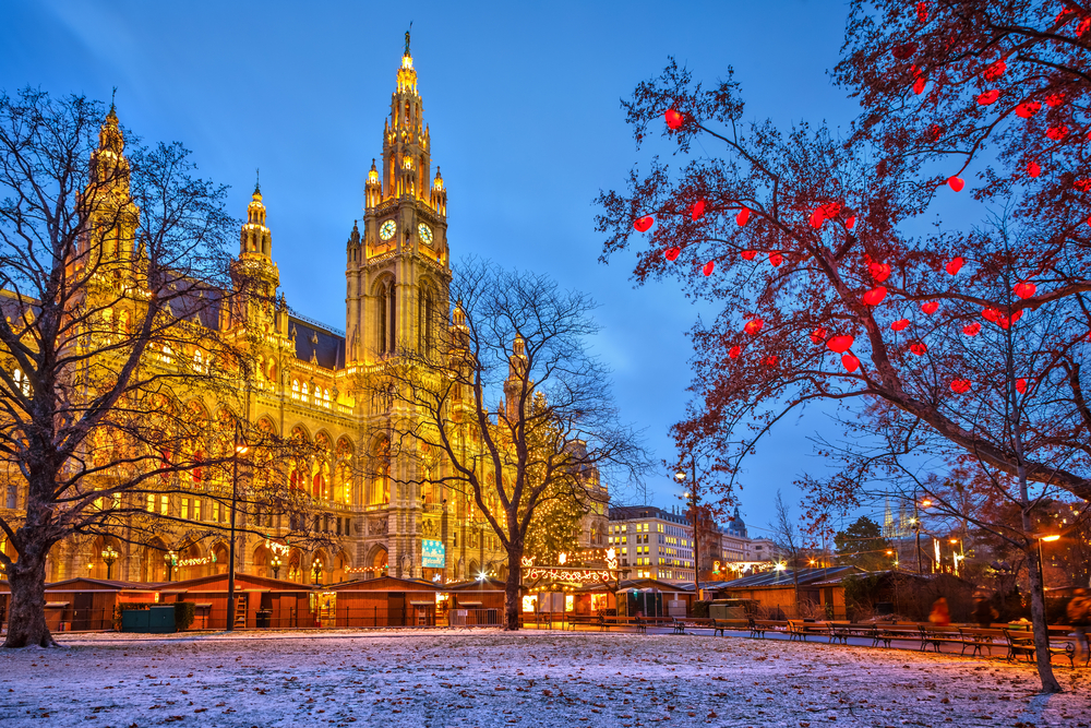 Vienna's cathedral lit up around Christmas time at night.