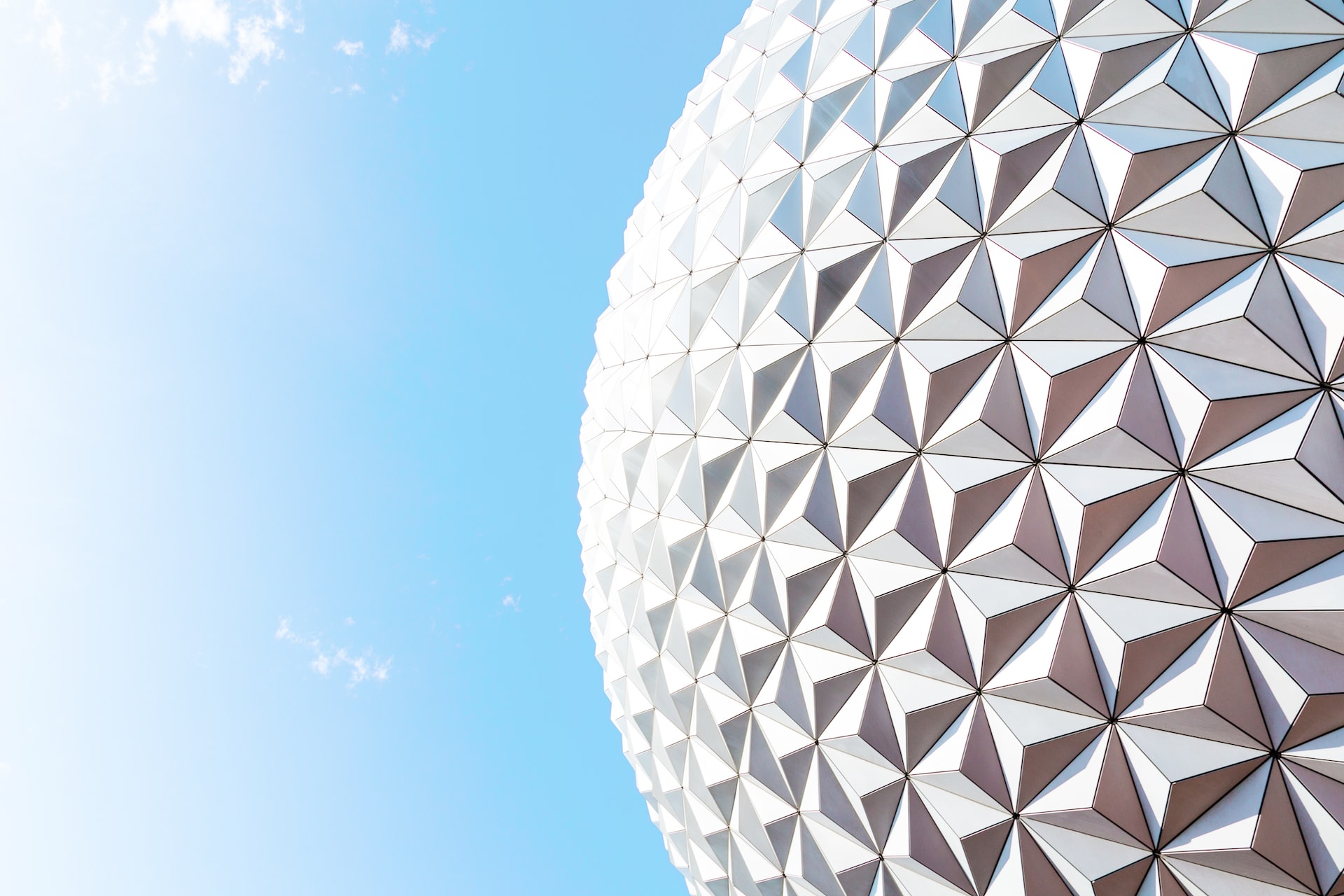 A close-up shot of the giant sphere at Epcot.