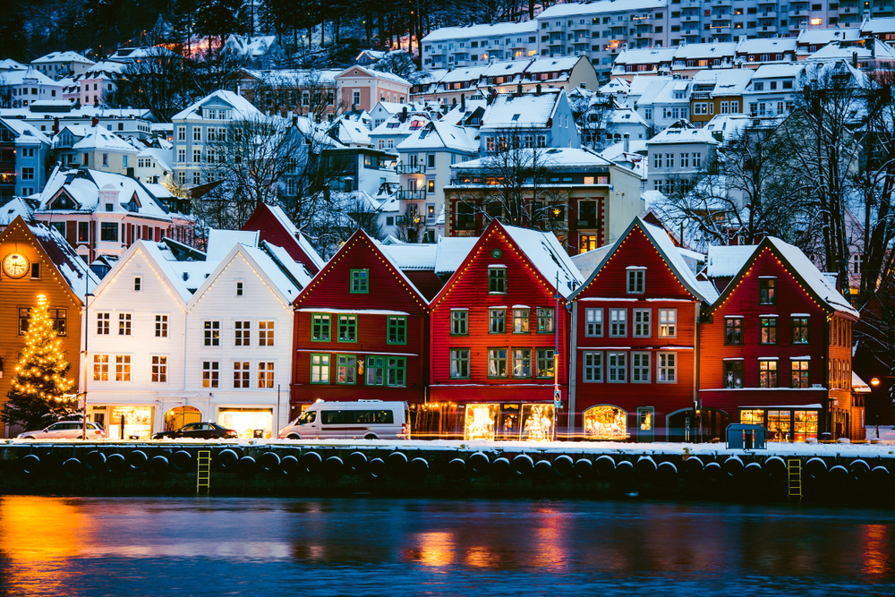 The famous Bryggen, or colourful houses along the waterfront in Bergen, Norway.