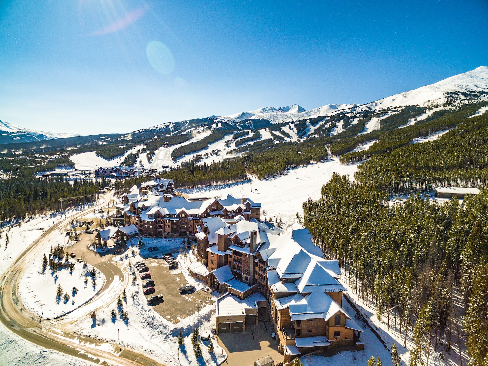 Aerial view of Breckenridge Ski Resort’s Peak 7 and Peak 8 in Colorado, USA.