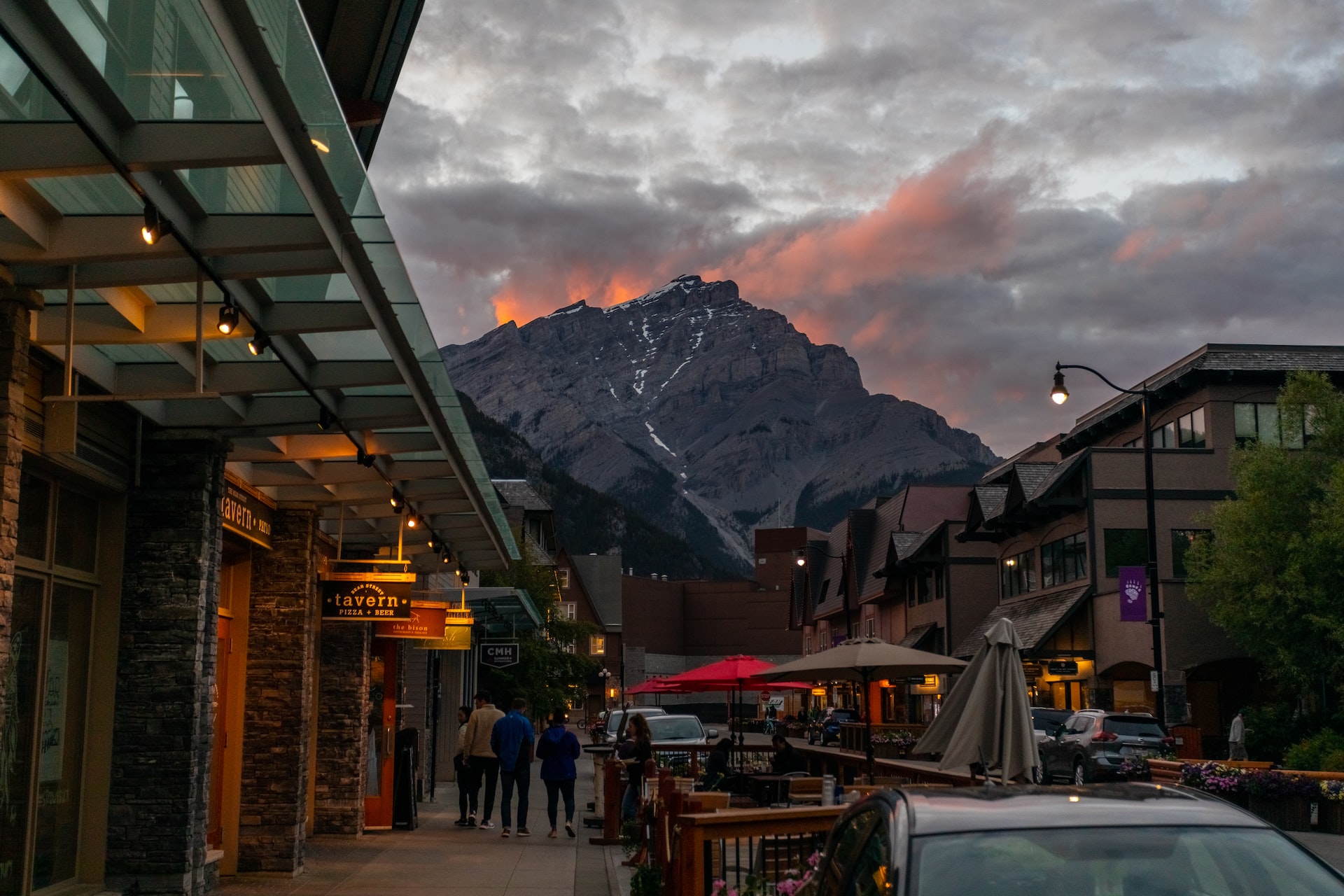 Downtown Banff at sunset. Some nice orange clouds surrounding Cascade Mountain.