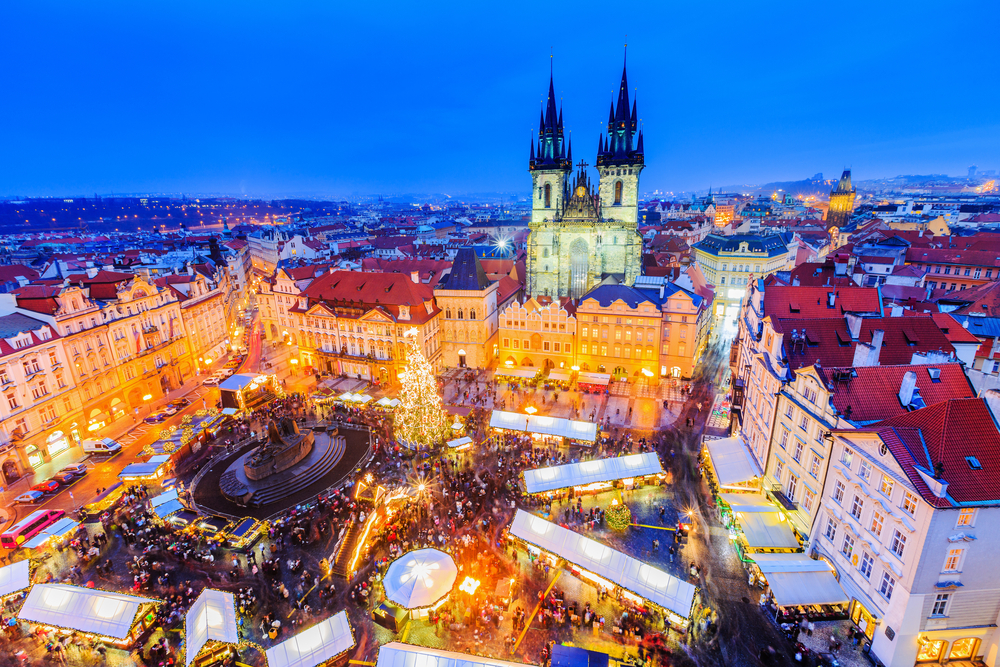 The spectacular Old Town of Prague lit up with thousands of lights around Christmas time.
