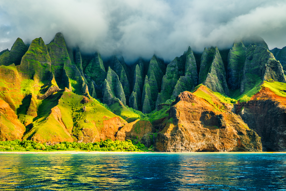 Dramatic, colorful mountains along Kauai.