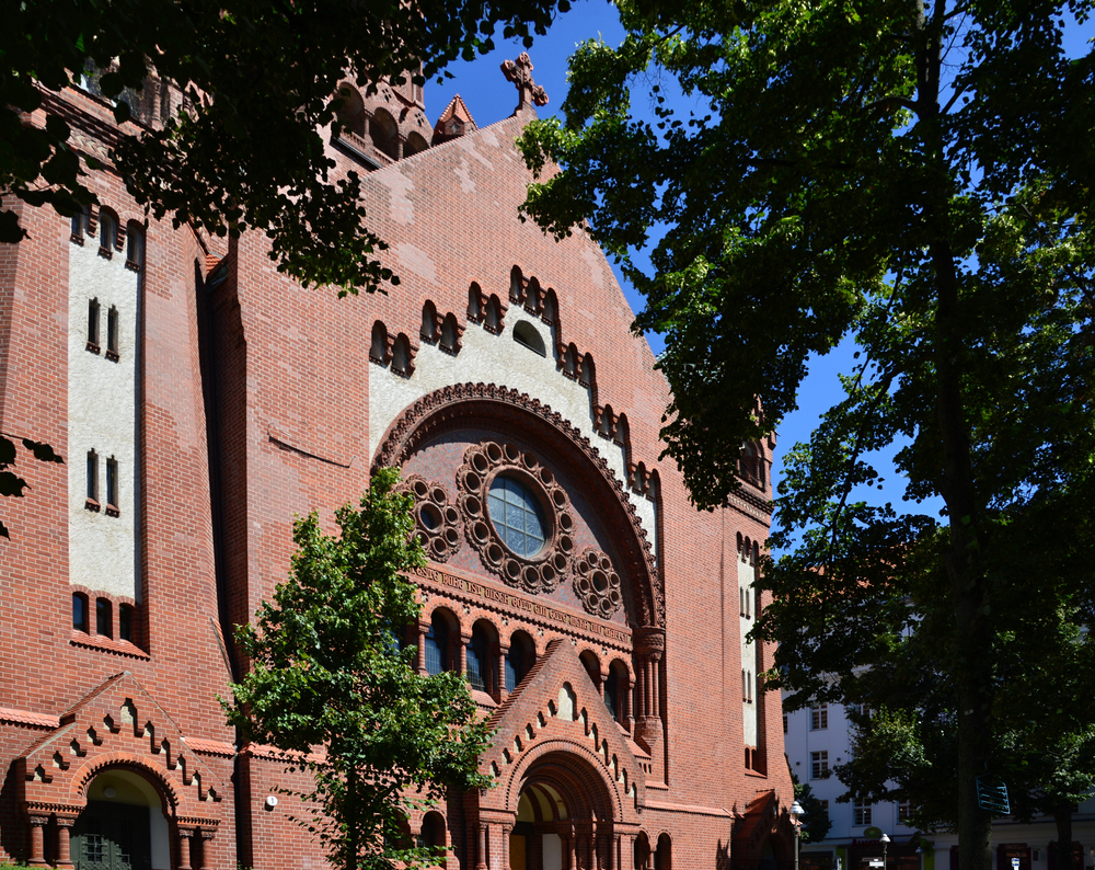 The facade of a historical church in Berlin.