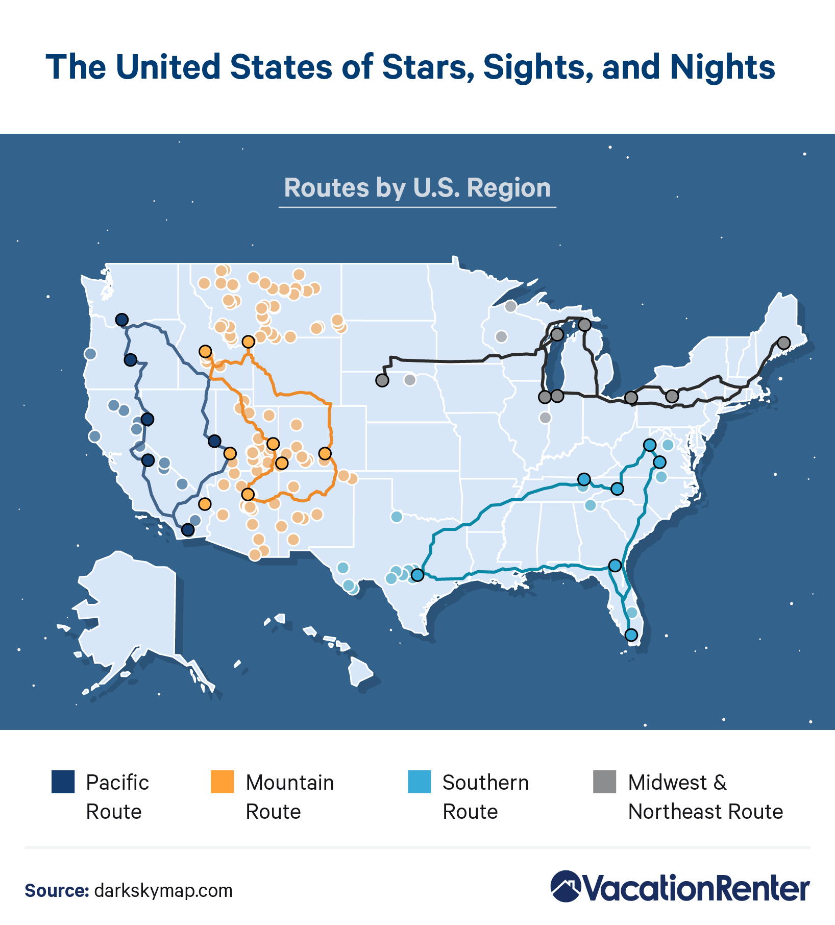 Darkest sky routes by U.S. region.