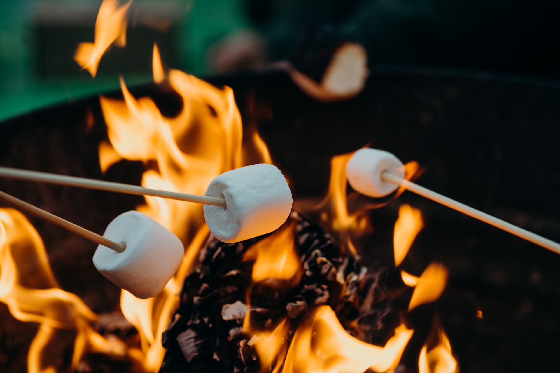 Marshmallows roasting on an open fire.