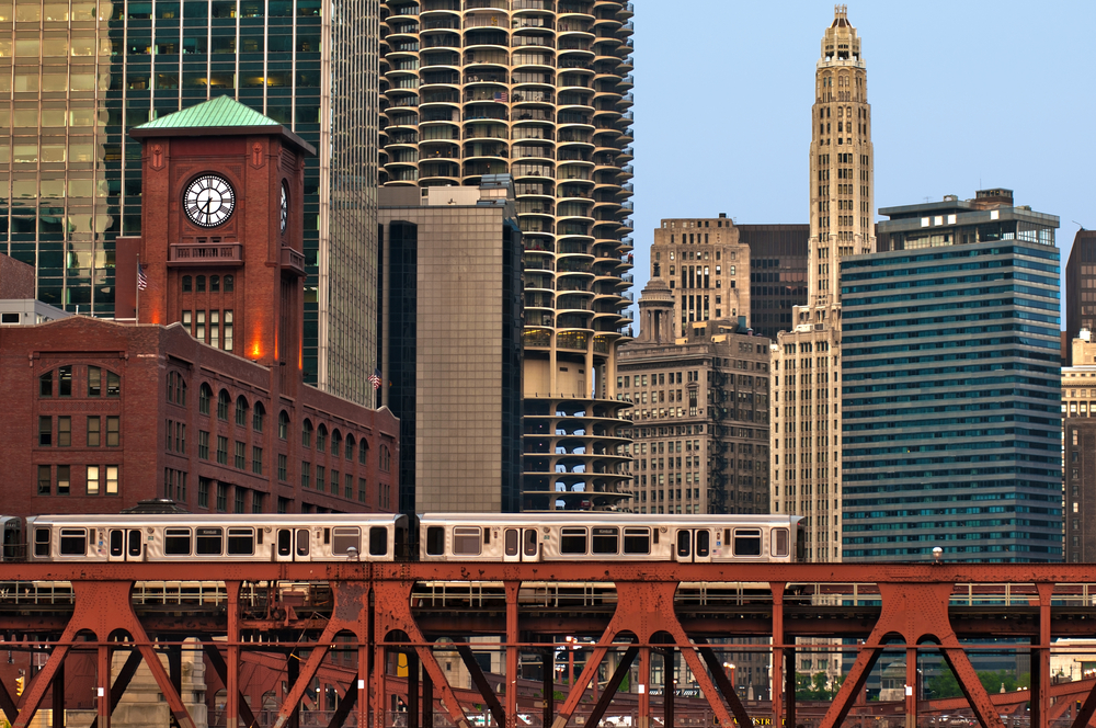 Chicago's L train rides on an elevated track through the city.