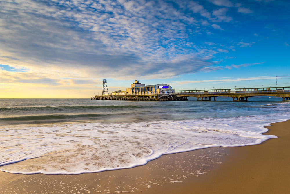 Waves cascading along the Bournemouth shoreline.