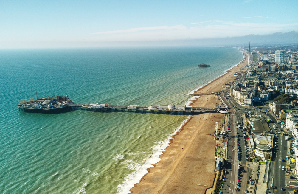 An aerial photo of the Brighton Pier.
