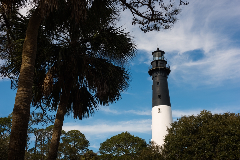 Blue skies and summer foliage at the Hunting Island Lighthouse in South Carolina.