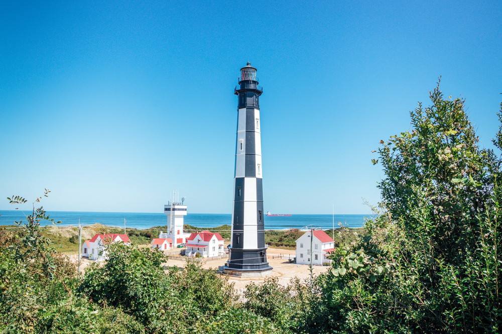 Cape Henry Lighthouse with its distinctive white-and-black vertical striped design in Virginia Beach.