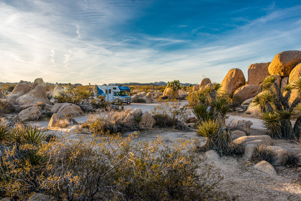 RV camping in Joshua Tree National Park's desiccated expanse of desert in California.