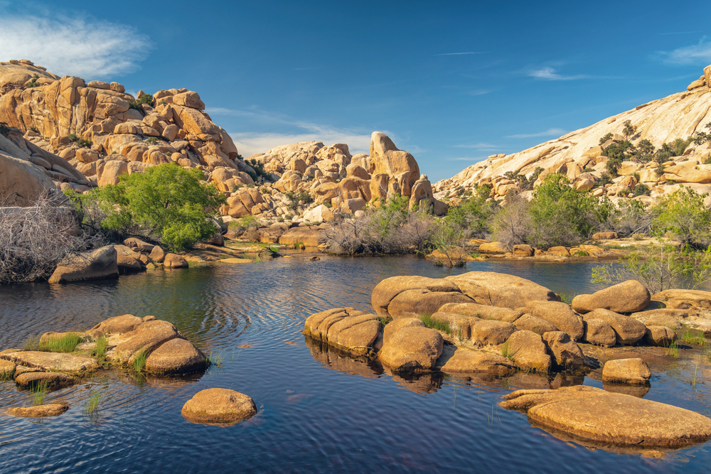 Joshua Tree National Park, California. The wonderland of rocks and reservoir above the Barker Dam.