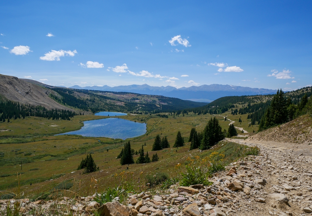  Beautiful mountainous view, lakes and hiking trail above Leadville, Colorado, looking toward Mount Massive in the Rocky Mountains.