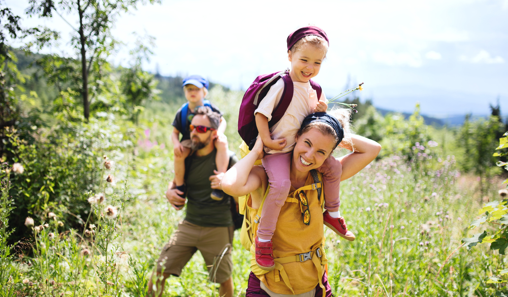 A family on a hike.