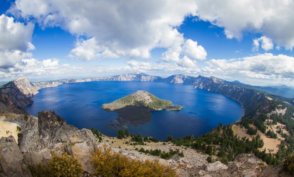Wide angle view of Crater Lake from the top of Watchman's Peak, beautiful landscape in Oregon.