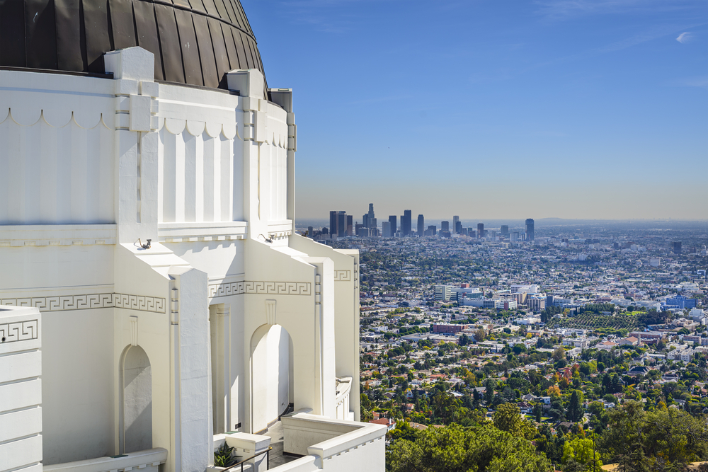 The skyline of downtown Los Angeles, California, as viewed from the Griffith Observatory.