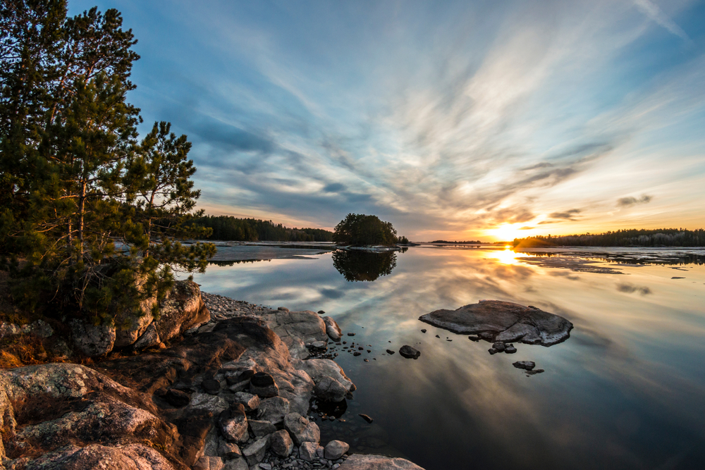 Sunset in Voyageurs National Park behind the Ash River Visitor Center.