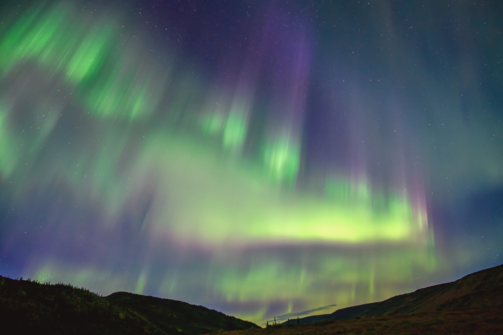 Green streaks of northern lights appear in cloudless, starry night sky over Denali National Park, Alaska.