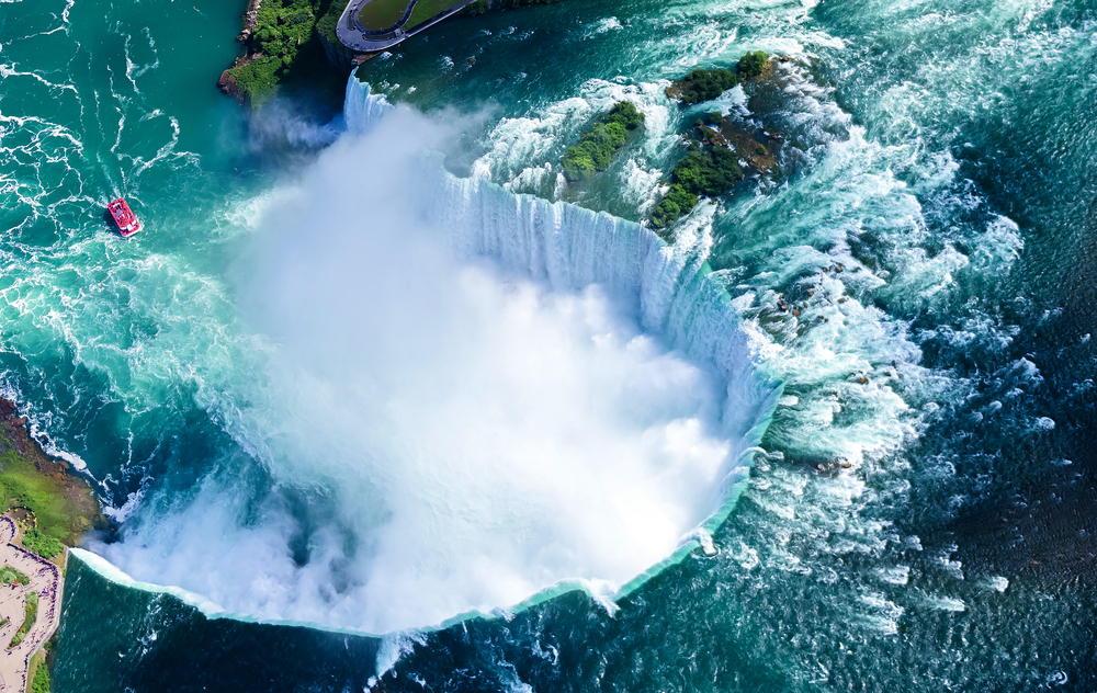 Aerial view of the breathtaking Niagara falls from the Canadian side in Ontario.