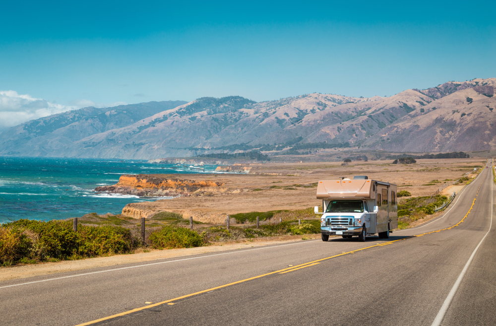 Panoramic view of RV driving down the famous Highway 1 along the beautiful central coast of California, Big Sur.