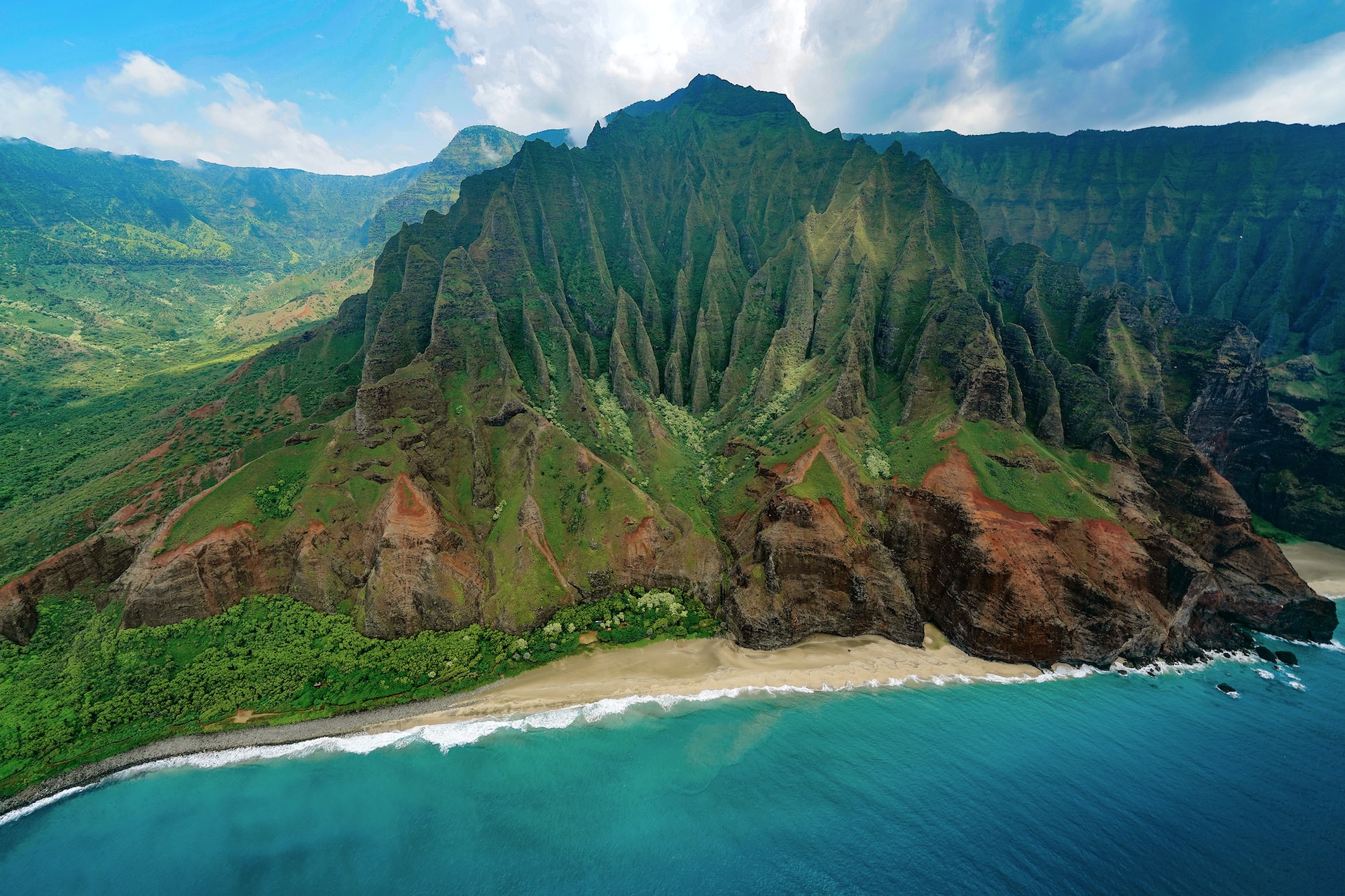 Helicopter view of one of the most amazing landscapes of the planet. The Nā Pali coast on the island of Kauai, Hawaii.