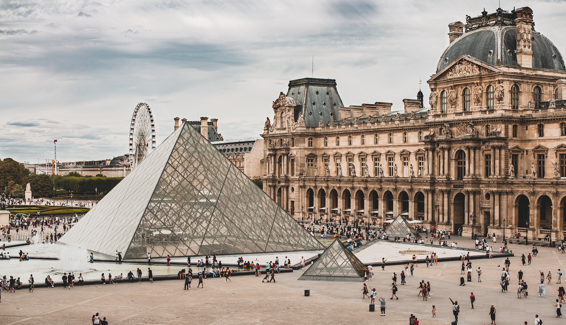 A view of the Louvre and its famous pyramids.