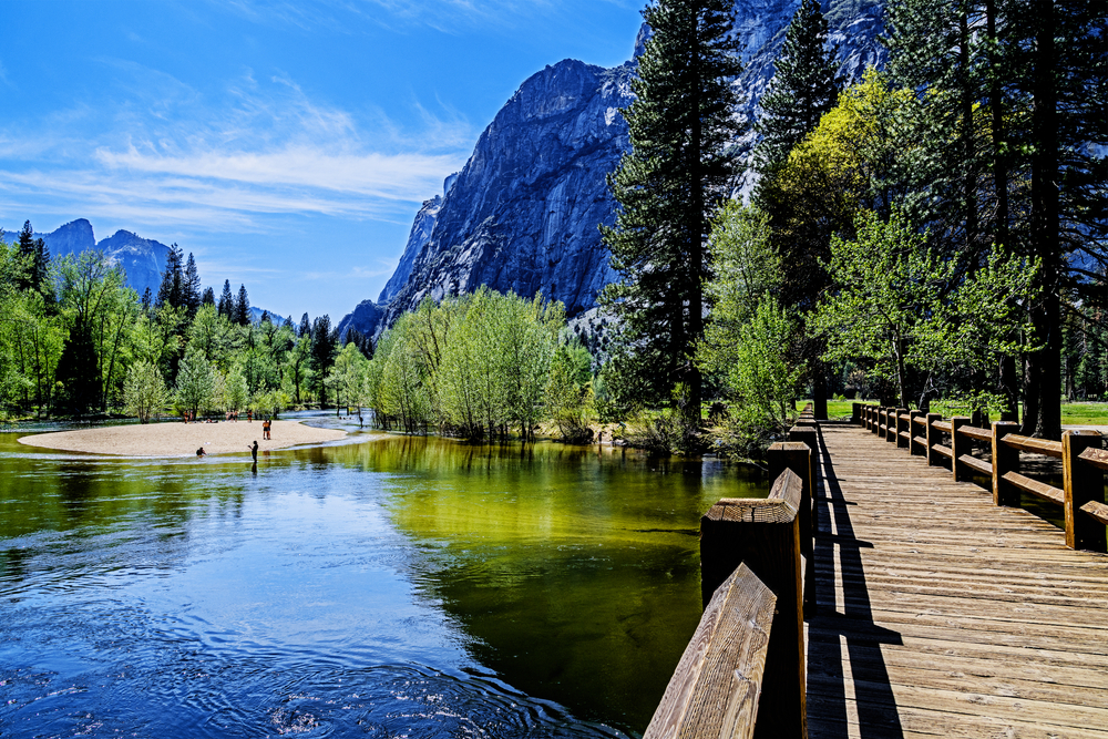 Island beach as seen from the Swinging Bridge in Yosemite National Park.