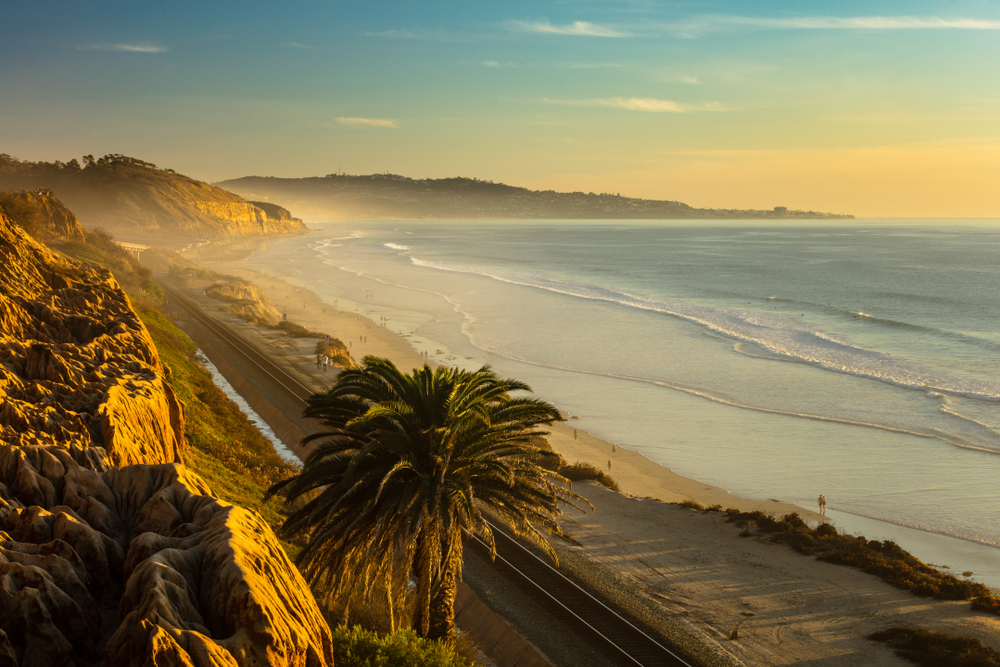 Sunset and marine layer at the Terry Pine beach, San Diego California, facing La Jolla.