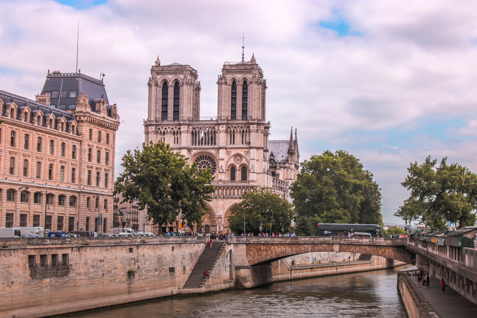 A view of the Seine River and the Notre Dame Cathedral.