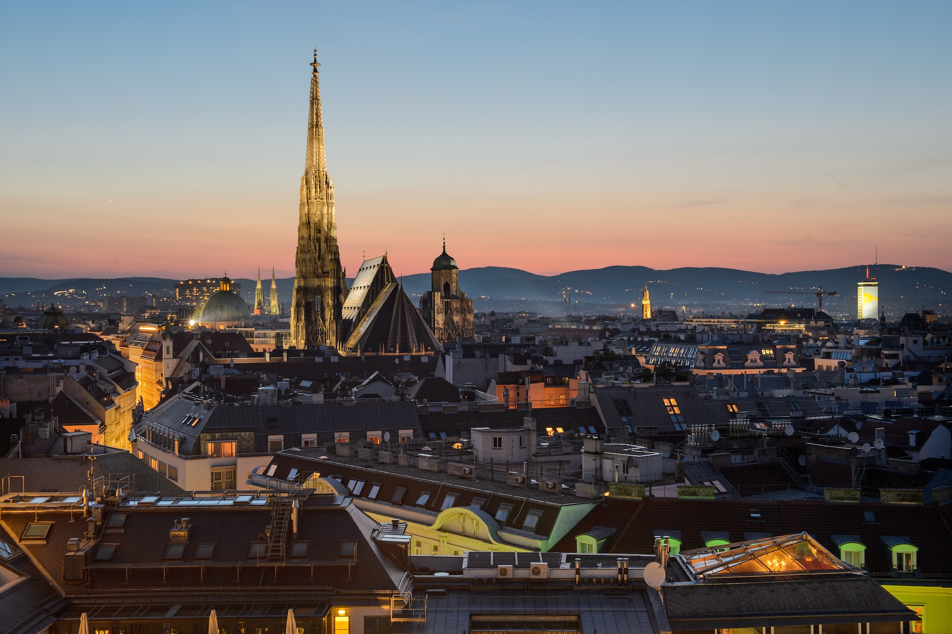 Evening View of Vienna brilliantly lit up at night.