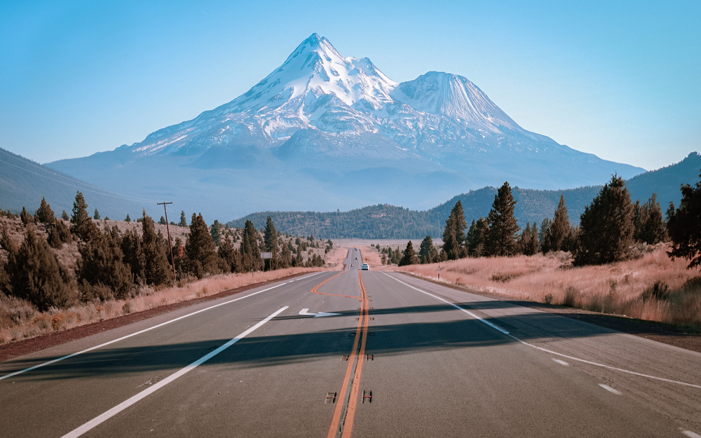 Mt. Shasta overlook on highway: the most beautiful mountain in Northern California.